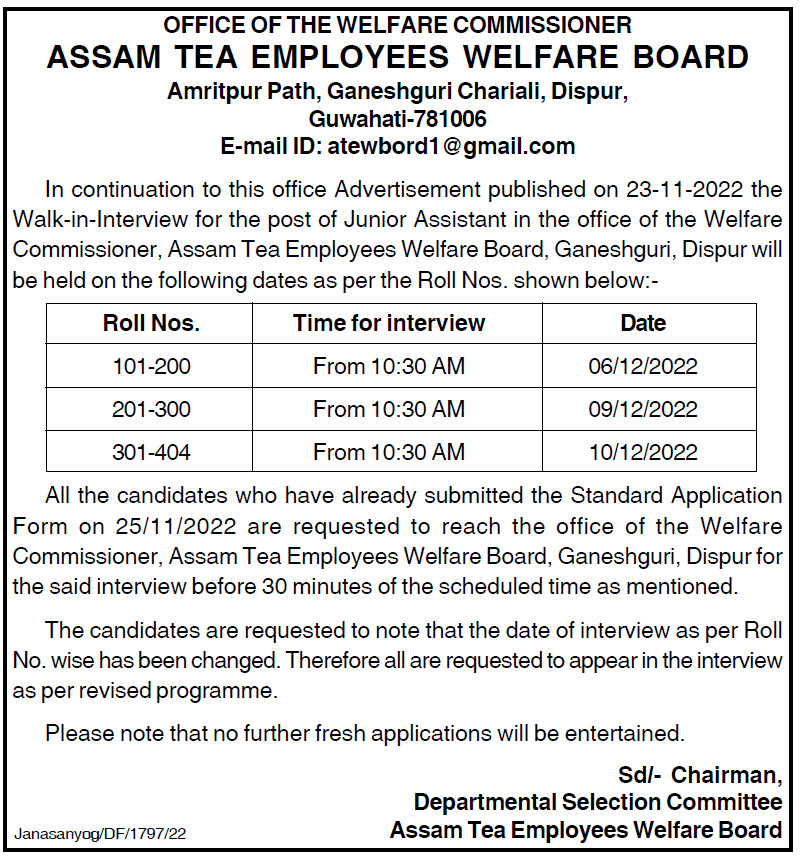Assam Tea Employees Welfare Guwahati Interview Notice 2022