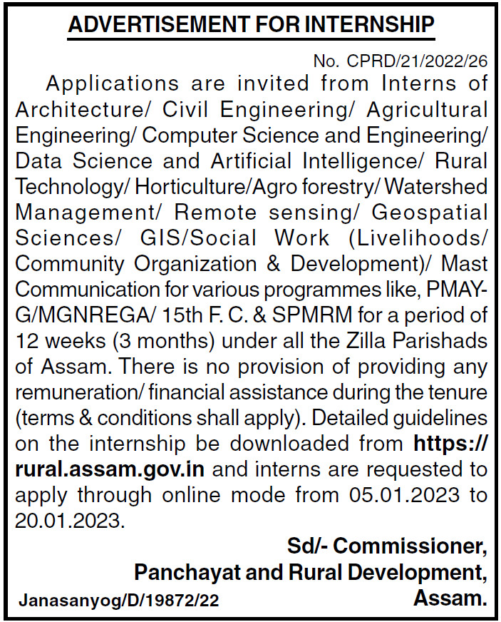 PNRD Assam Advertisement For Internship